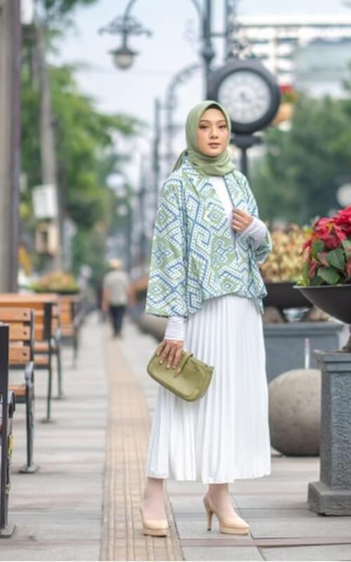 Baju Sage Green Motif dan Rok Plisket