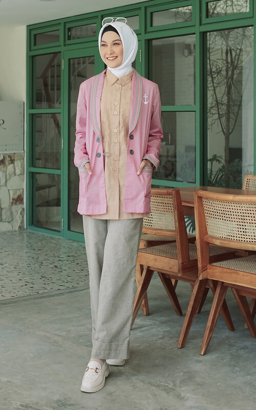 Blazer Pink Kalem Kombinasi Abu