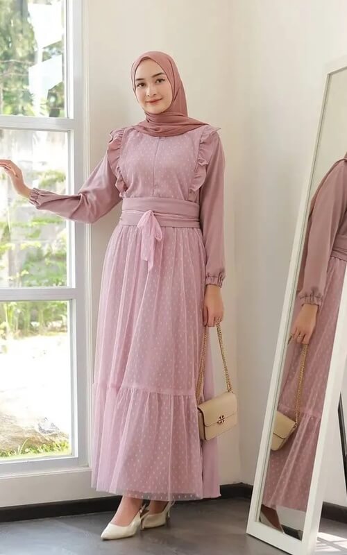 Dress Bridesmaid Polkadot Pink dengan Pita