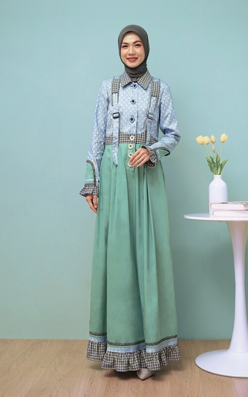 Gamis Ruffle Motif Kombinasi Polos