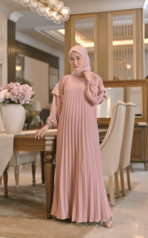 Dress Plisket Warna Pink