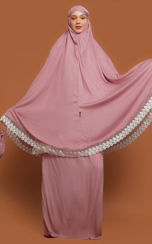 Mukena Dusty Pink Renda Putih