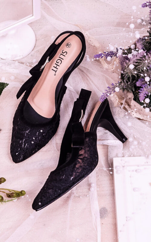 Slingback Heels Bahan Brokat