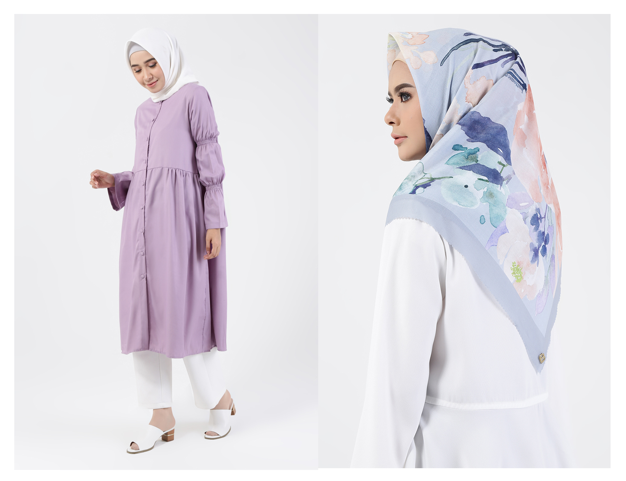 Radwah Ayyara Top dan Buttonscarves Peonies Square Scarf 2.0 Viole Cotton