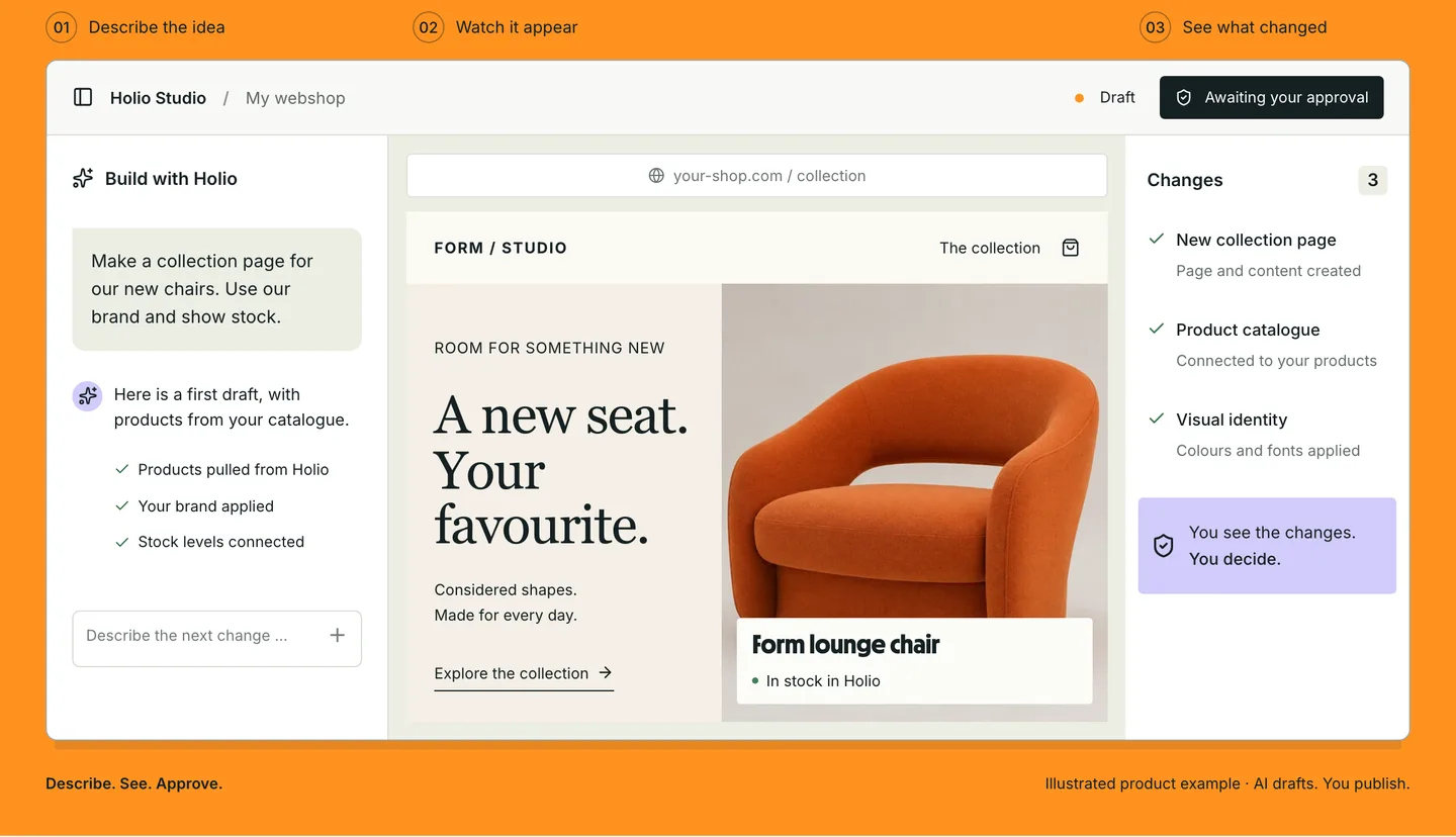 Illustrated example of Holio Studio: the chat on the left, the webshop preview in the middle and the change rail on the right