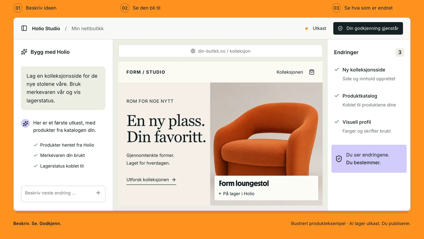 Illustrert eksempel på Holio Studio: samtalen til venstre, forhåndsvisningen av nettbutikken i midten og endringslisten til høyre