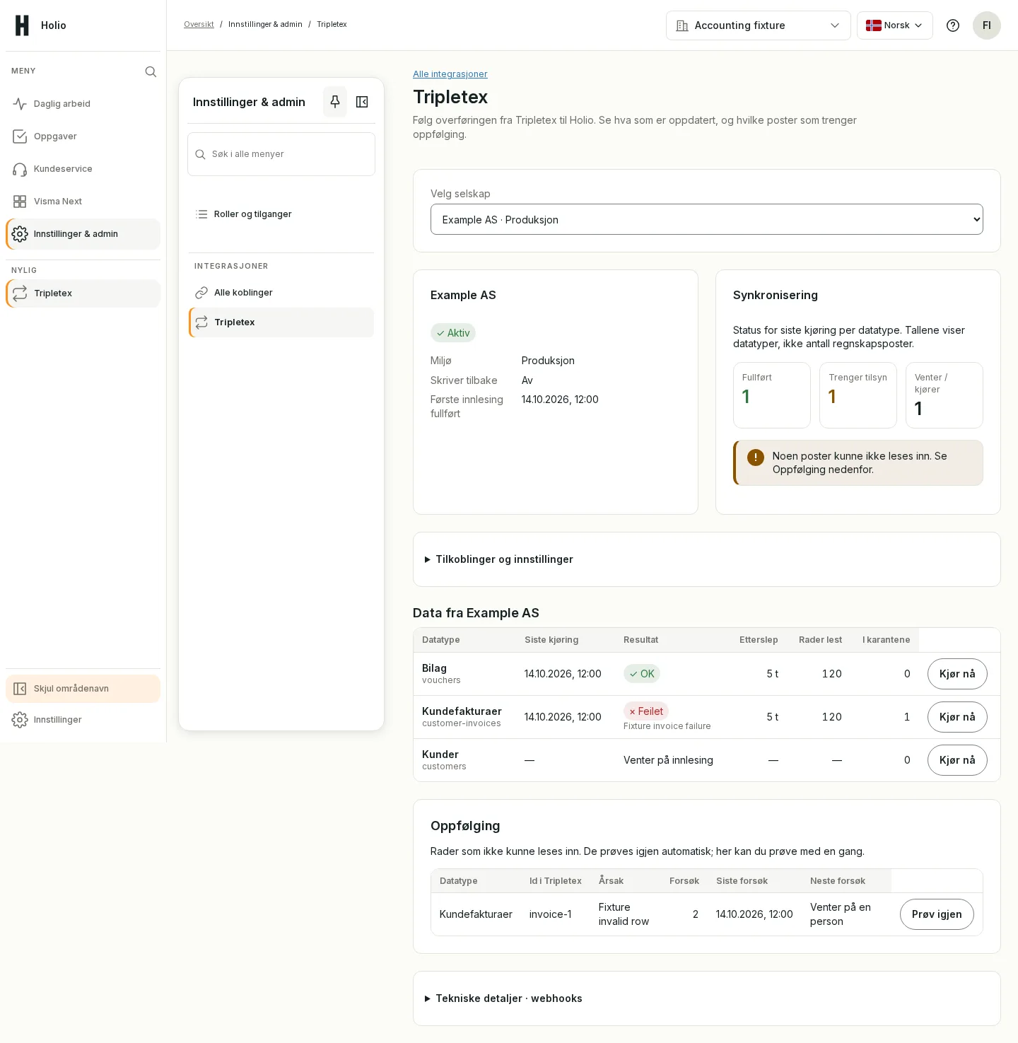 Tripletex-visningen i Holio Workspace med testdata: selskap, synkroniseringsstatus og oppfølging av poster.