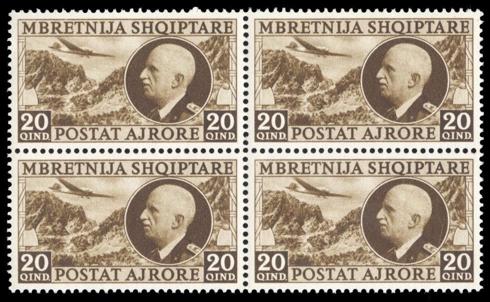 Albania C46, cat. $320, 1939 20q brown, block of four, never hinged