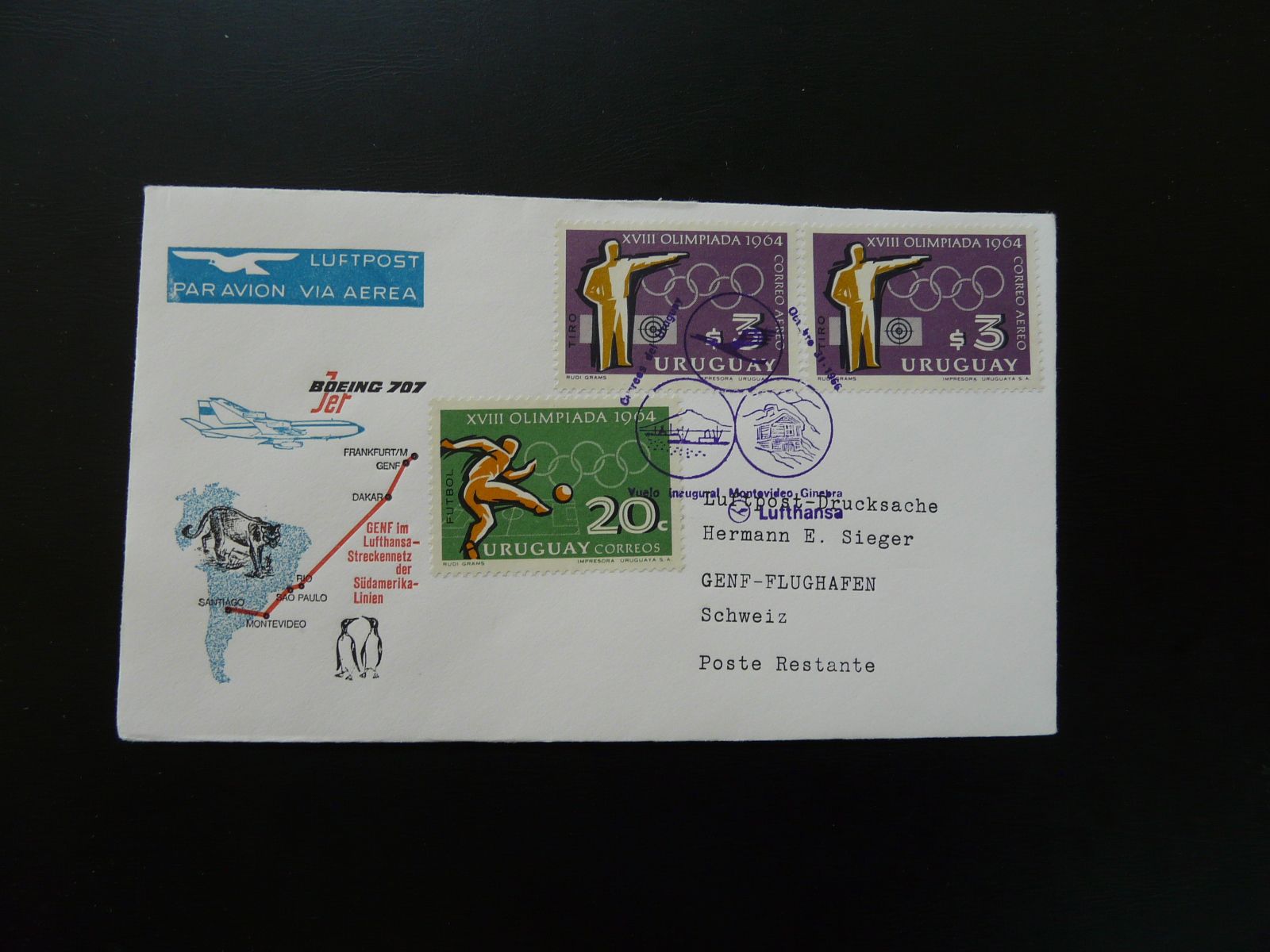 first flight cover Montevideo Geneve Boeing 707 Lufthansa 1966