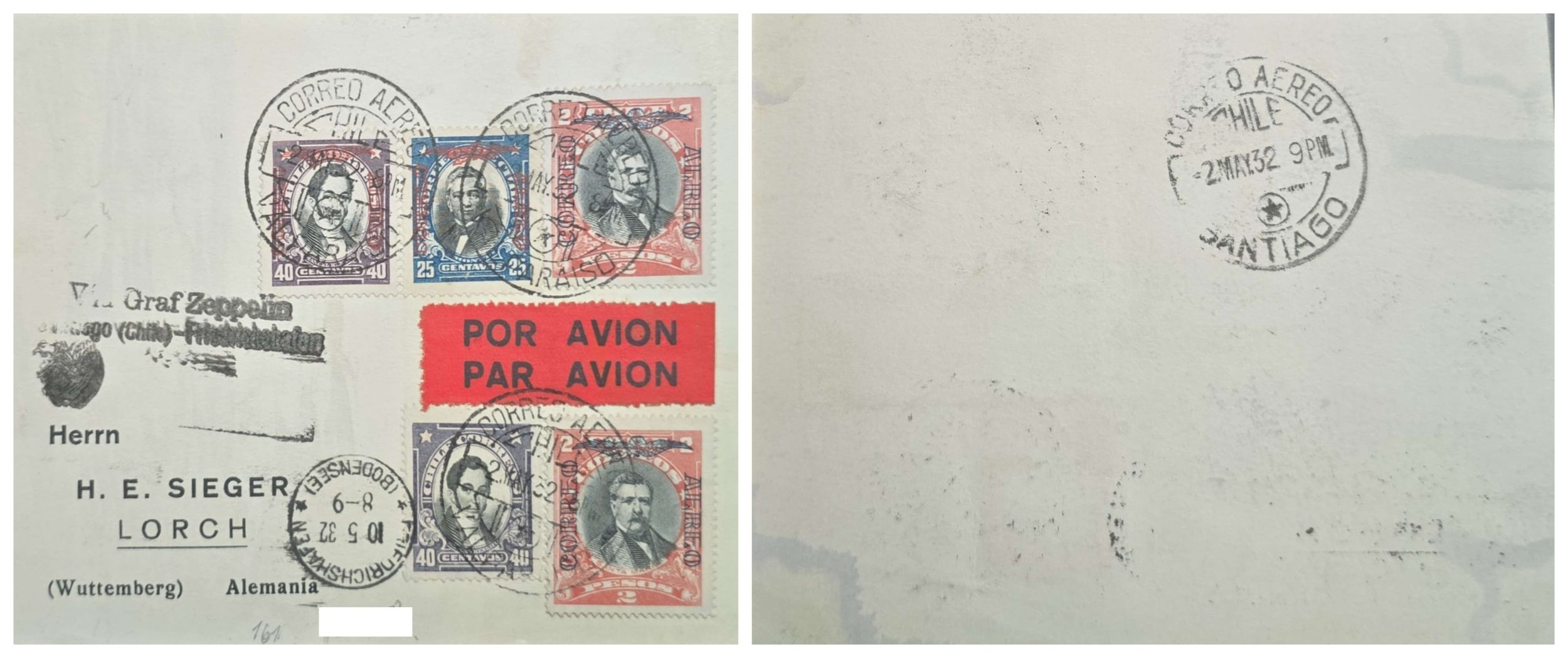 O) 1932 CHILE, VIA  ZEPPELIN  FRIEDRICHSHAFEN, MANUEL RENGIFO, MANUEL MONTT, DOM