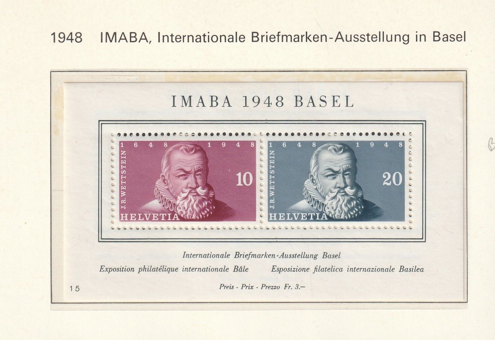 Switzerland 1948, Intl. Phil. Expo., Basel, Scott No(s). B178 MNH Souvenir Sheet