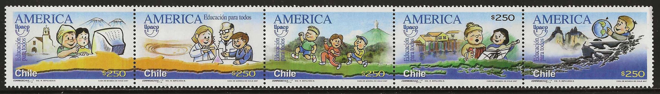 Chile 2007, Scott 1487, UPAEP Issue, Education for All, strip of 5