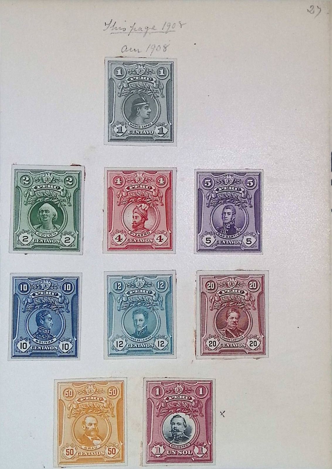 O) 1908 PERU, PROOF,  MANCO CAPAC, COLUMBUS, PIZARRO, SAN MARTIN, BOLIVAR, LA MA