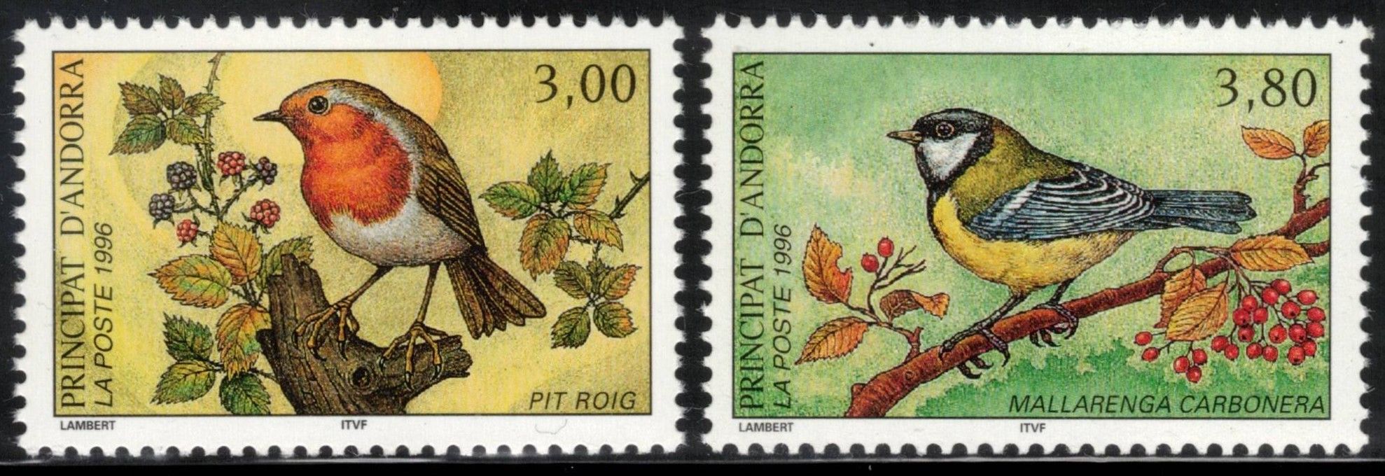 FRENCH ANDORRA 1996 Songbirds; Scott 462-63; MNH