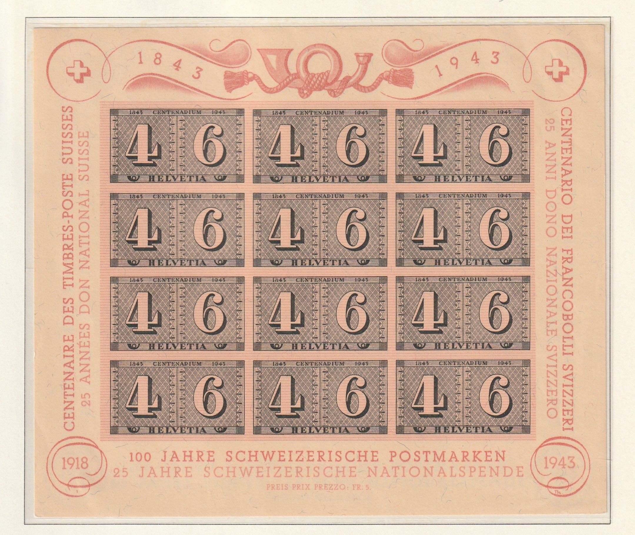 Switzerland 1943, Stamp Cent., Scott No(s). B130 MH Souvenir Sheet