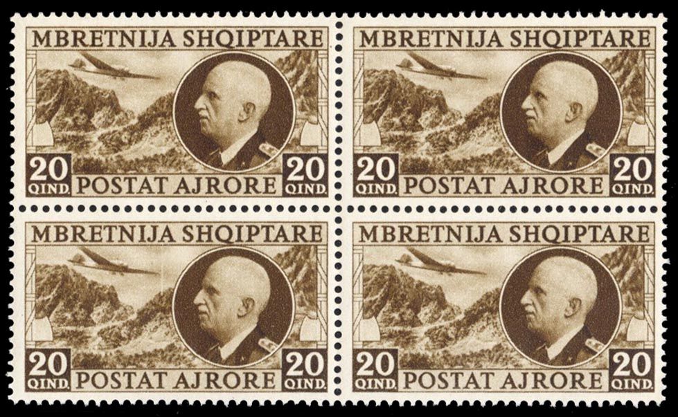 Albania C46, cat. $320, 1939 20q brown, block of four, never hinged