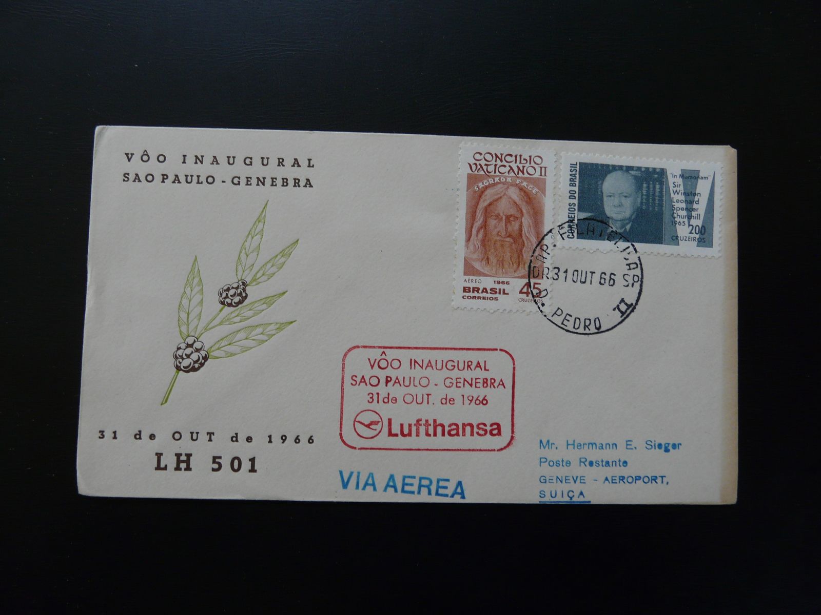 first flight cover Sao Paulo Geneve Lufthansa 1966