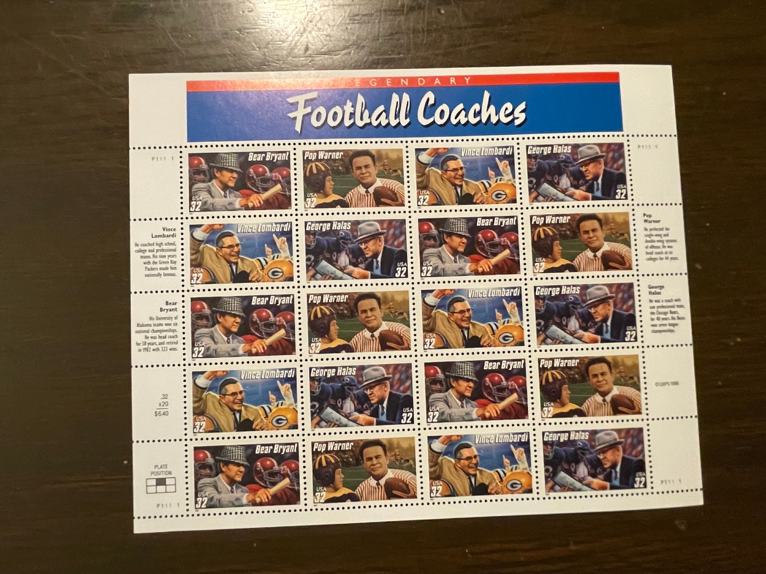 US SC 3143 Sheet 32¢ Football Coaches, (2) P# P11111, MNH- Superb