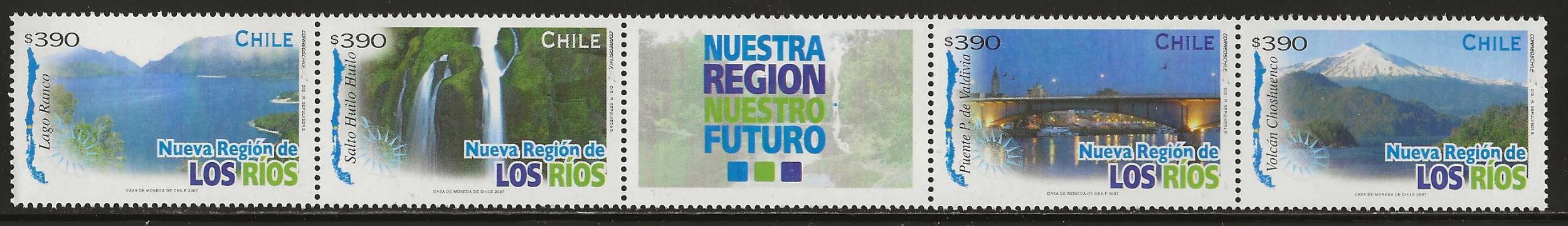 Chile 2007, Scott 1482, Los Ríos Region, strip of 4 with label