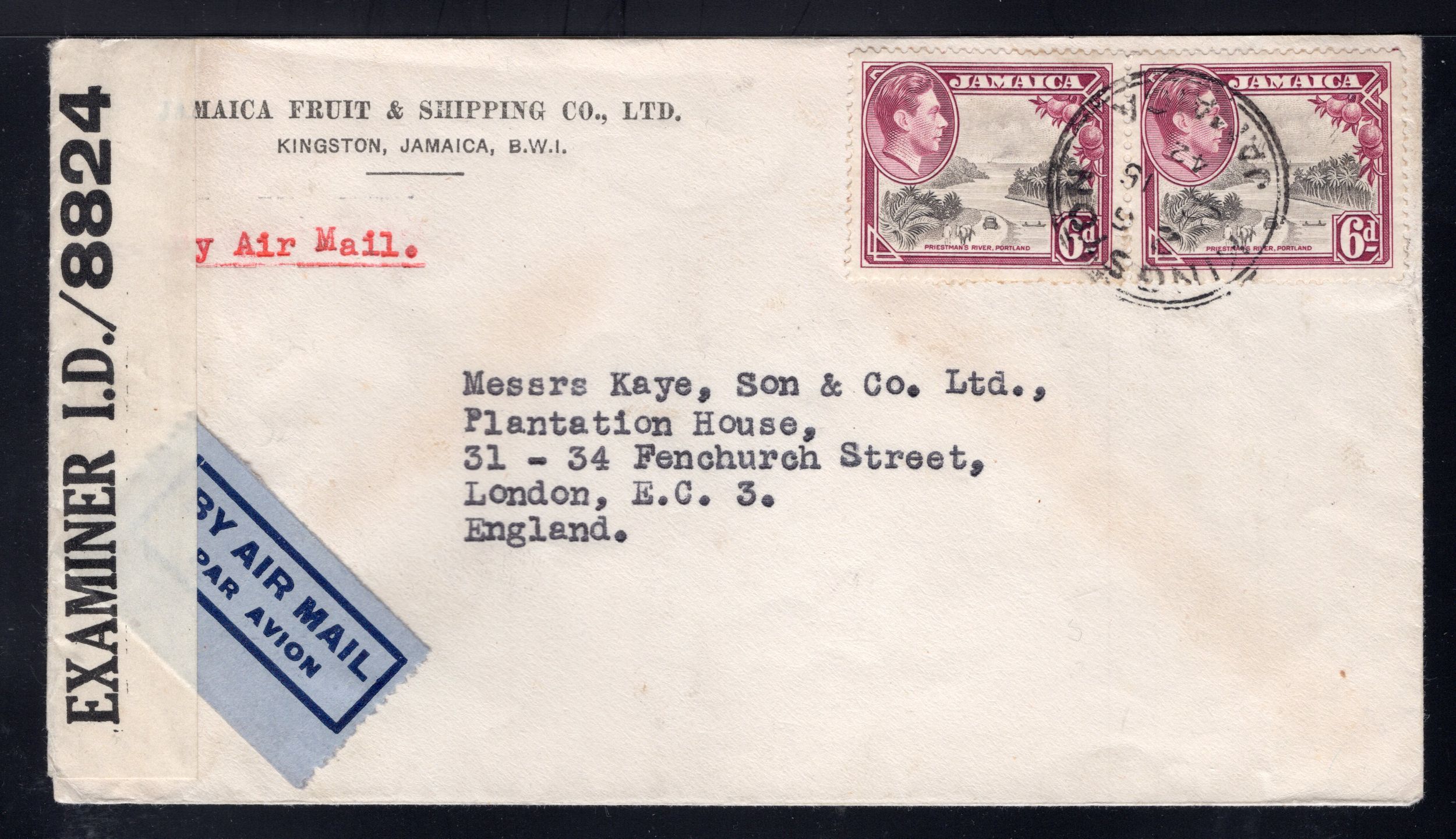 Jamaica 1942 Kingston to London Censored Airmail Cover franked 2x6p, Scott 123a