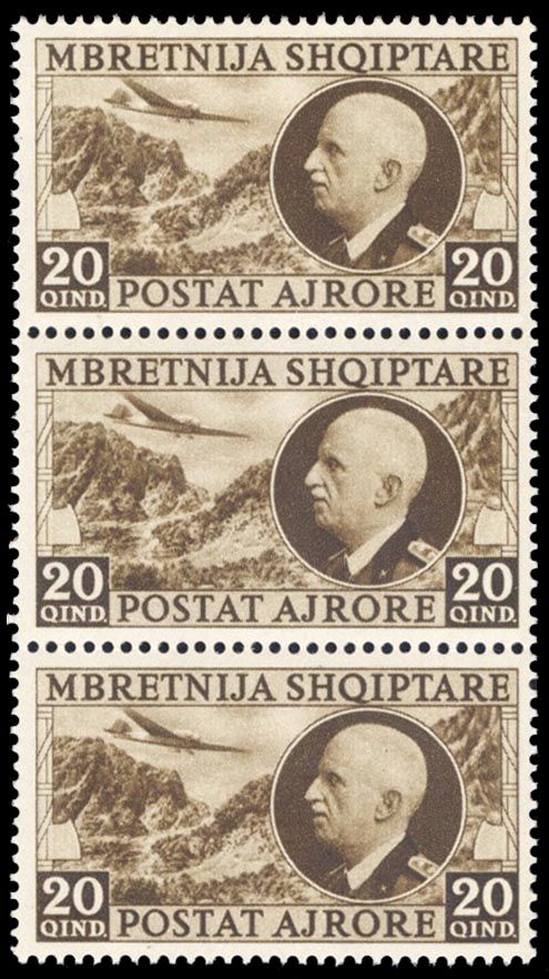 Albania C46, cat. $240, 1939 20q brown, strip of three, never hinged