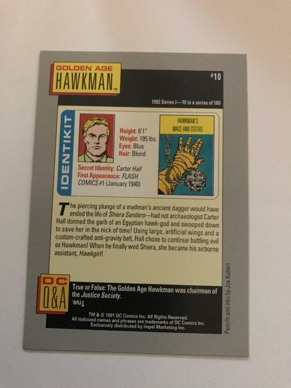 GA HAWKMAN #10 card : 1992 DC Universe Series 1, NM/M, Impel,  Joe Kubert art