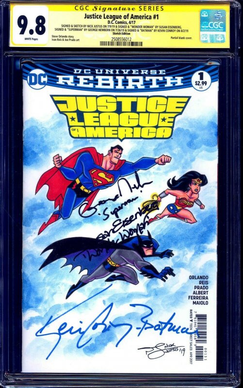 Justice League #1 BLANK CGC SS 9.8 signed x4 SKETCH Conroy Newbern Eisenberg