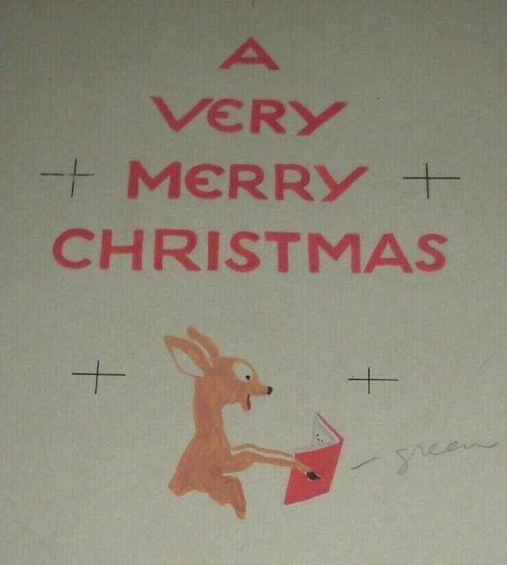 CHRISTMAS Surprised Deer Reading Book 7x8.25 Greeting Card Art #FL434