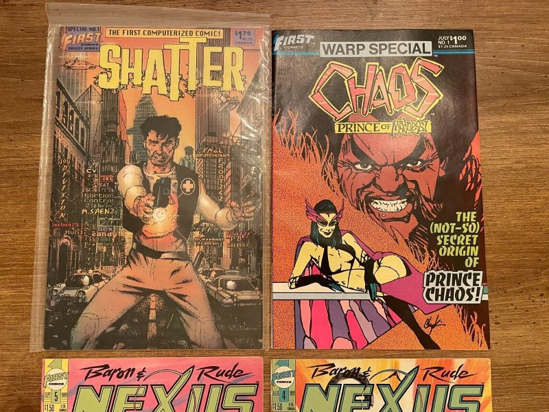 4 First Comics Nexus Legends # 4 5 + Warp Special Chaos # 1 + Shatter # 1 J938