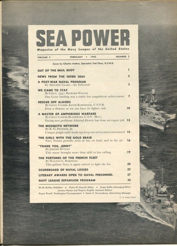 Sea Power 2/1945-Charles Andres-cover art-WWII pix & info-violent action-VG