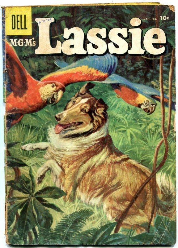 Lassie #32 1957- Macaw cover- Famous Collie- Dell comics G