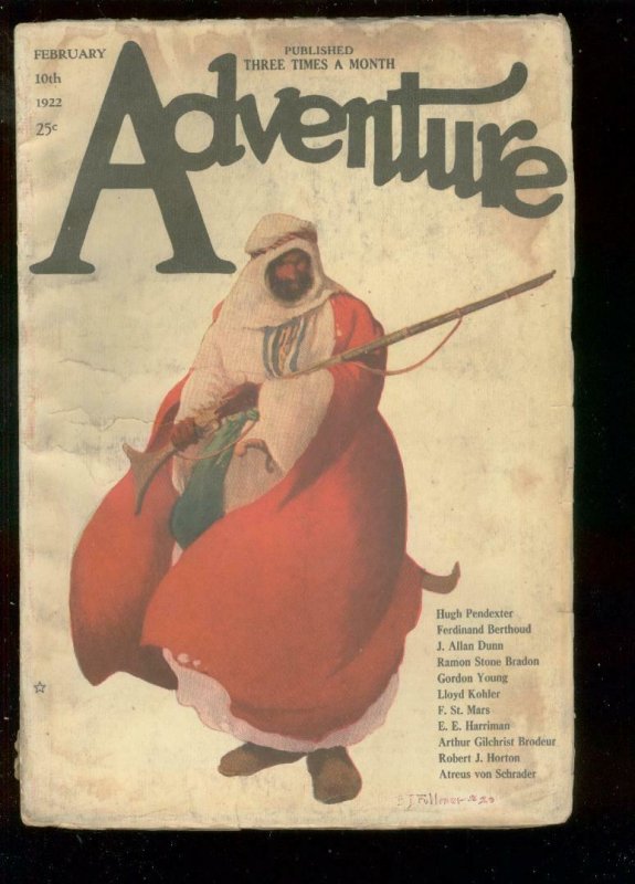 ADVENTURE PULP-FEB 10 1922-ARAB WITH GUN ON COVER-RARE  VG