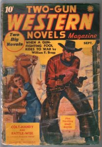 Two-Gun Western Novels 9/1941-JW Scott girl art gunfight-pulp thrills-Marvel-VG