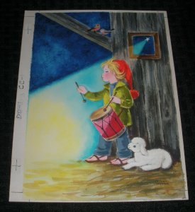 CHRISTMAS Little Drummer Boy w/ Lamb & Star 7x9.5 Greeting Card Art #CC1