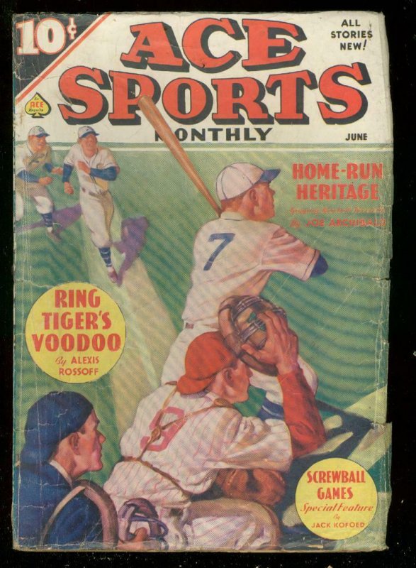 ACE SPORTS PULP JUNE 1936-BASEBALL COVER-ARCHIBALD-RACE VG