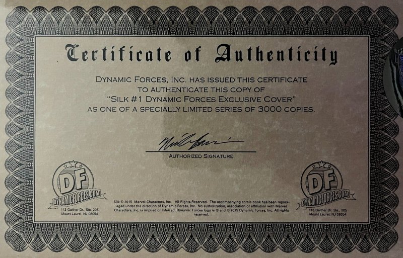 ?~MARVEL~SILK #1~?~GREG LAND~?~DYNAMIC FORCES VARIANT w/COA~?~3000 MADE~?