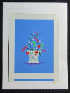 HAPPY VALENTINES DAY Flowers & Hearts in WHite vase 7x9 Greeting Card Art #nn