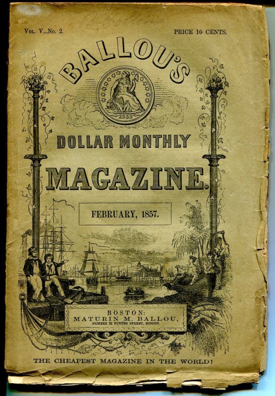 Ballou's Dollar Monthly Magazine 2/1857-pulp format-pre Civil War-rare-G