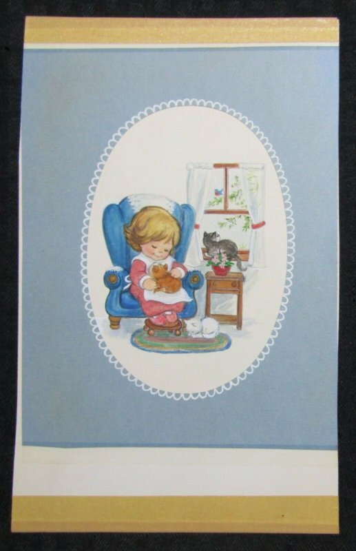 MOTHERS DAY Cute Girl Petting Kittens at Window 6x9.5 Greeting Card Art #MD508