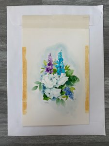 WATERCOLOR Blue Purple and White Flowers by Kara 6x10 Greeting Card Art C7463