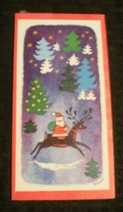 CHRISTMAS Santa Claus Riding Reindeer Forest 3.25x6.5 Greeting Card Art #FL57