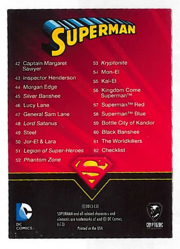 2013 Superman (Cryptozoic) card set #1-62 complete NM/MT