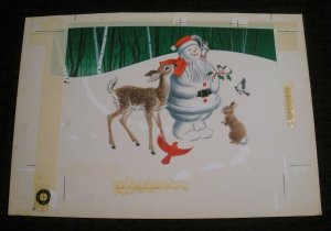 CHRISTMAS Snowman w Reindeer Rabbit Birds 10x7.25 Greeting Card Art #125-2