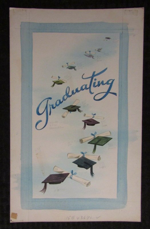 GRADUATION Lettering w/ Flying Caps & Diplomas 8x13 Greeting Card Art #G4367