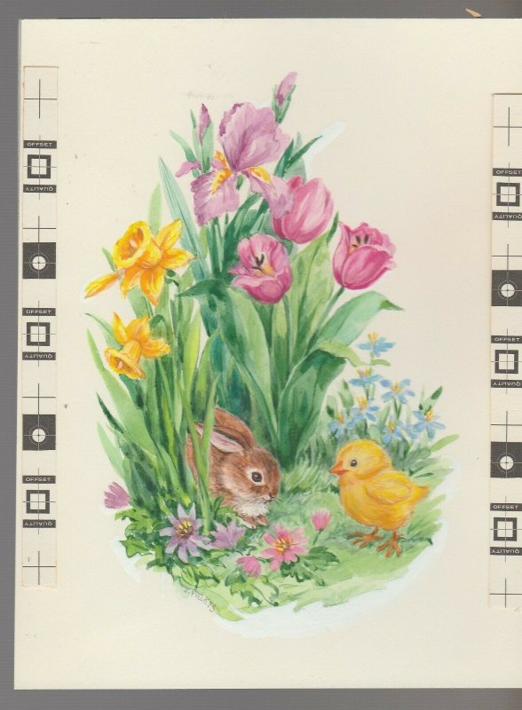 HI THERE Beautiful Flowers Bunny Rabbit & Chick 6x7.5 Greeting Card Art #E2608