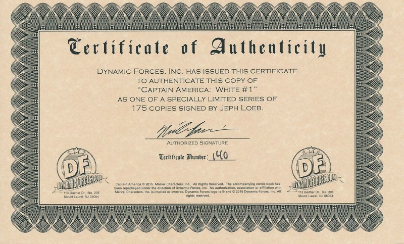 CAPTAIN AMERICA WHITE #1 SIGNED BY JEPH LOEB MARVEL COMICS 2015 EB204