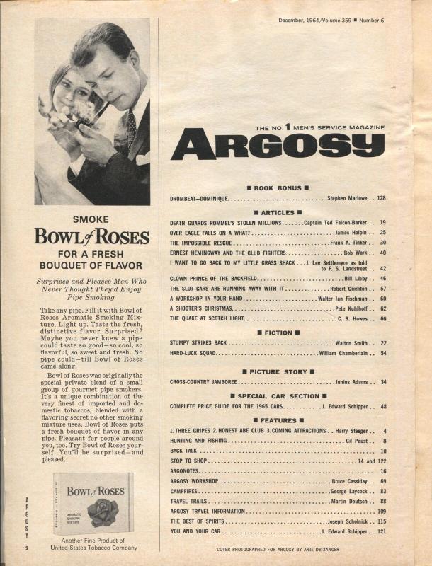Argosy 12/1964-Popular Pubs-pulp fiction-Hemingway-James Bama spicy art-FN 