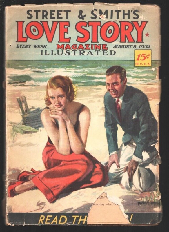 Love Story 8/8/1931-Modest Stein beach scene cover-Pulp fiction by Mona Morro...