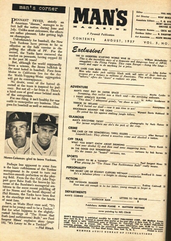 Man's 8/1957-Cheesecake-New York Yankees-Leopold Loeb