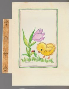 HELLO THERE Yellow Chick w Tulip & Ladybug 5.25x7.5 Greeting Card Art #E2448